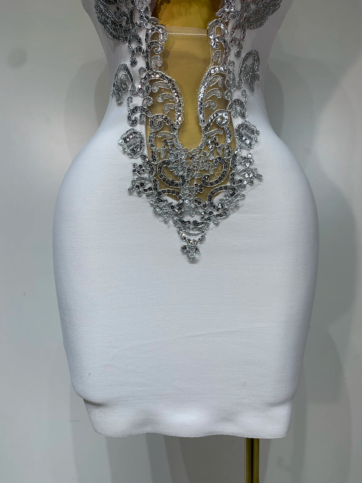 Sexy V Neck Cut Out Bandage Dress Silver Sequin White
