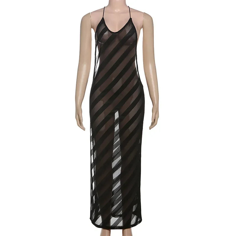 Mesh See Through Halter Maxi Dress for Women