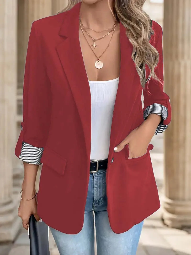 Women's Slim Fit Polyester Blazer Jacket with Rolled Sleeves