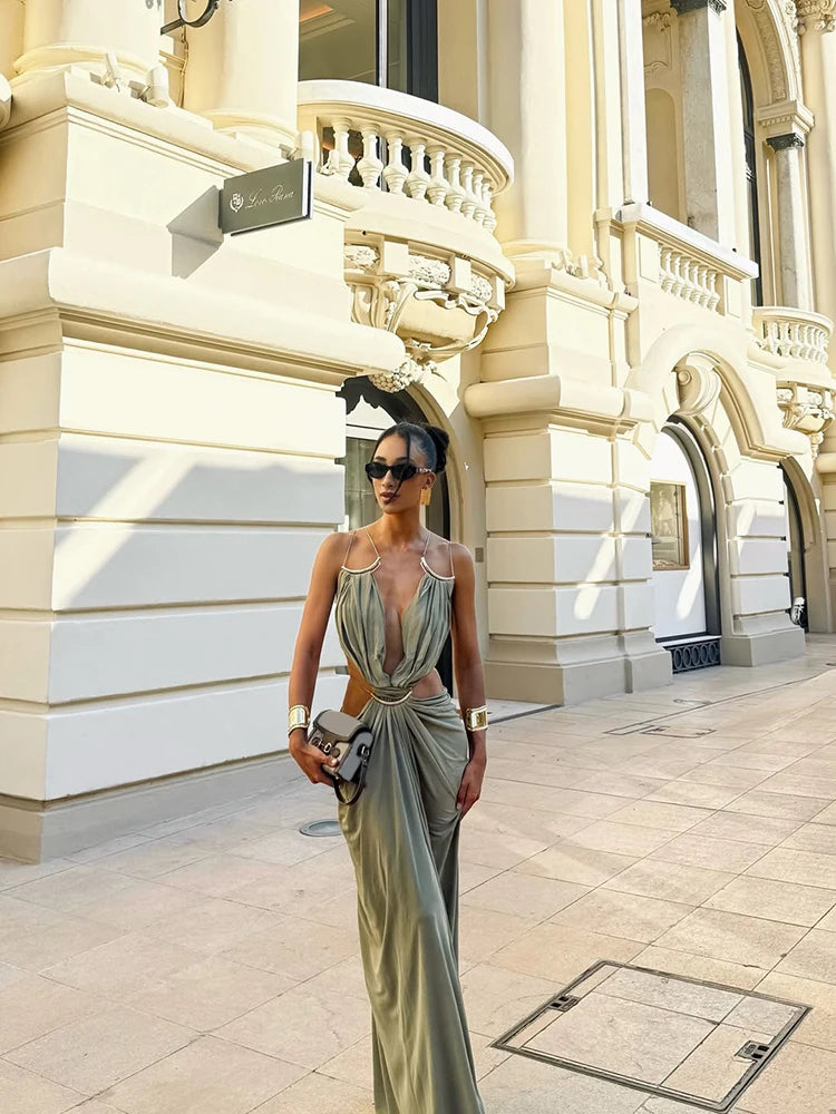 Women's Spaghetti Strap Maxi Dress with Deep V Cutout