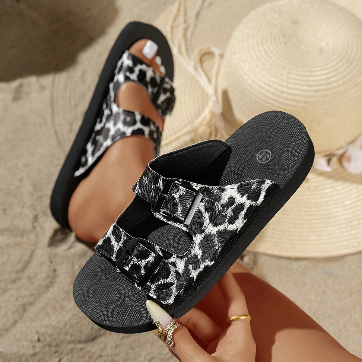 Leopard Print Buckle Women's Sandals Casual Slides