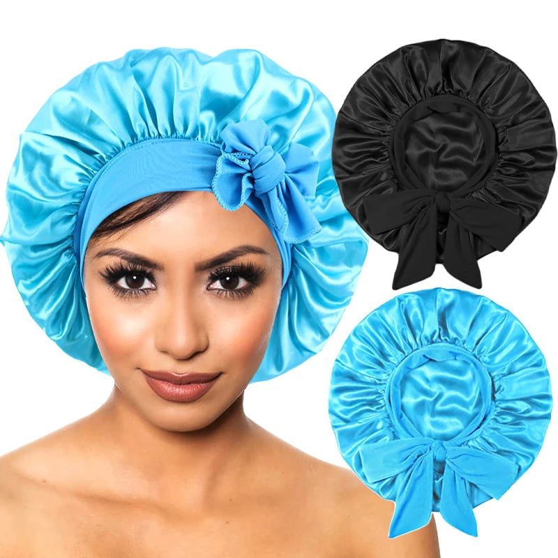 Satin Sleeping Cap for Women Solid Wide Band Nightcap