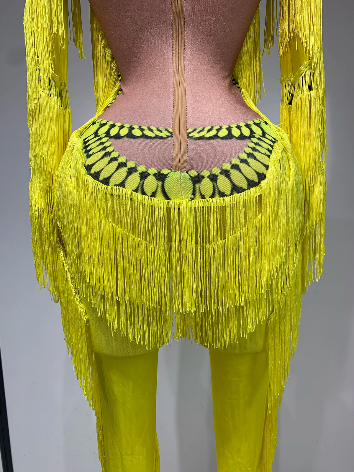 Yellow Polyester Bodycon Jumpsuit with Tassels