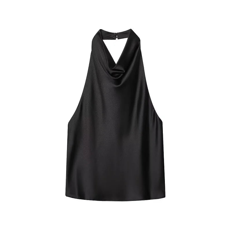 Black Satin Backless Halter Top for Women