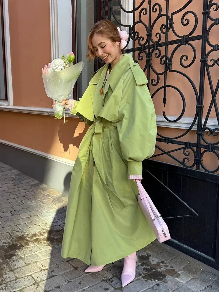 Green Oversized Belt Overcoat Women Long Sleeve Windbreaker