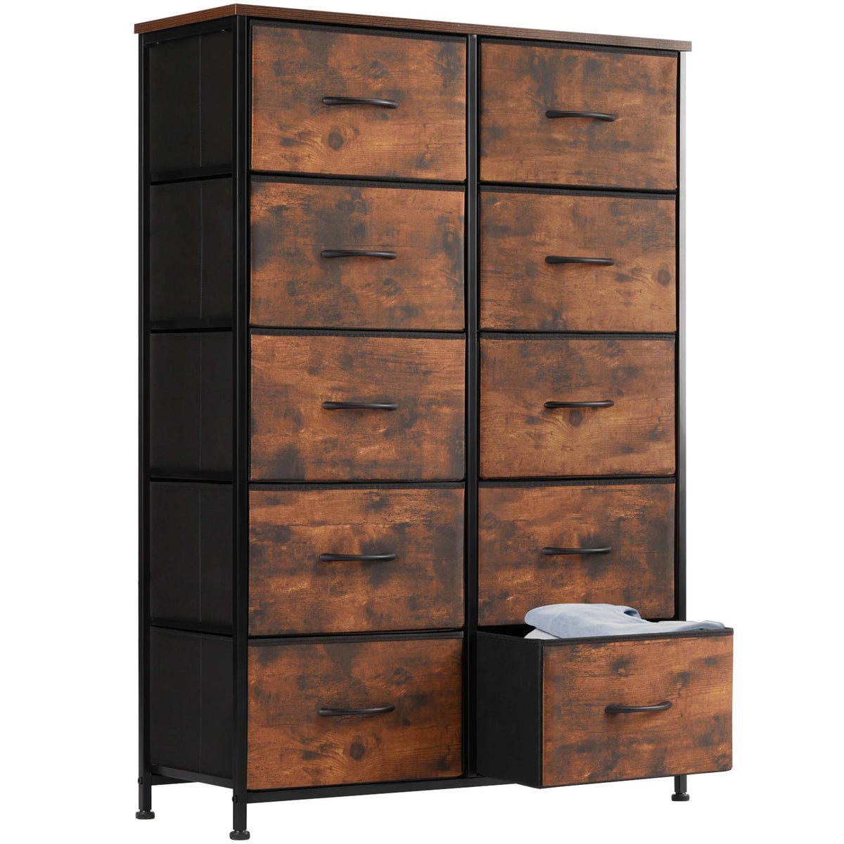 JHK Bedside Table with 10 Fabric Drawers and Steel Frame