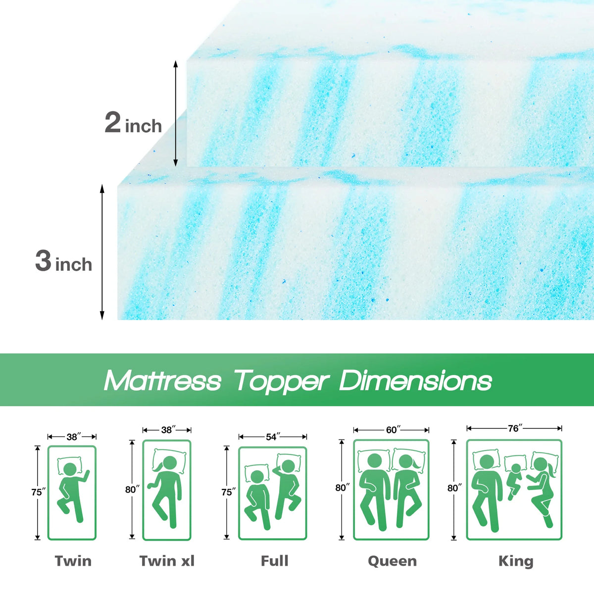 JHK Queen Size Memory Foam Mattress Topper Cooling Gel