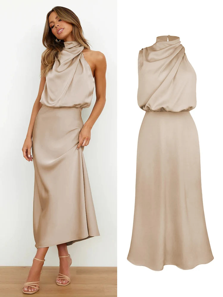 Elegant Silk Satin Sleeveless Long Dress for Women