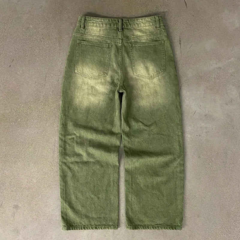 Matcha Green Denim Jeans with Embroidery