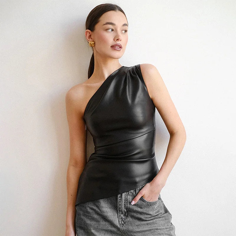 Slim Sleeveless One-Shoulder Zipper Jacket