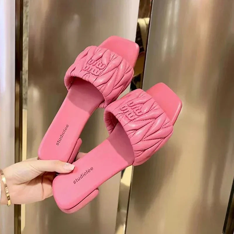 Summer Open Toe Square Toe PU Slippers for Women