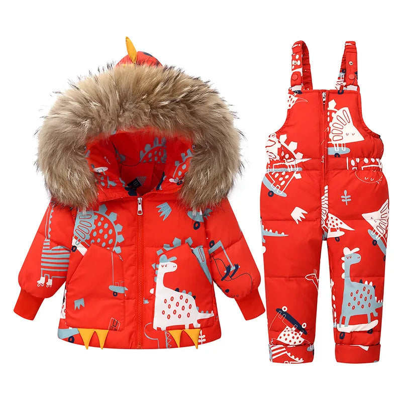 Children's Hooded Parka Down Jacket with Dinosaur Design