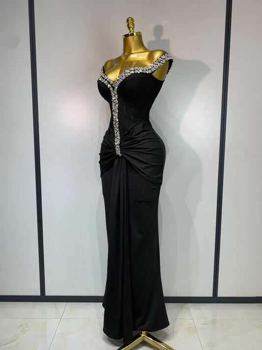 Black Off Shoulder Bodycon Dress with Diamonds