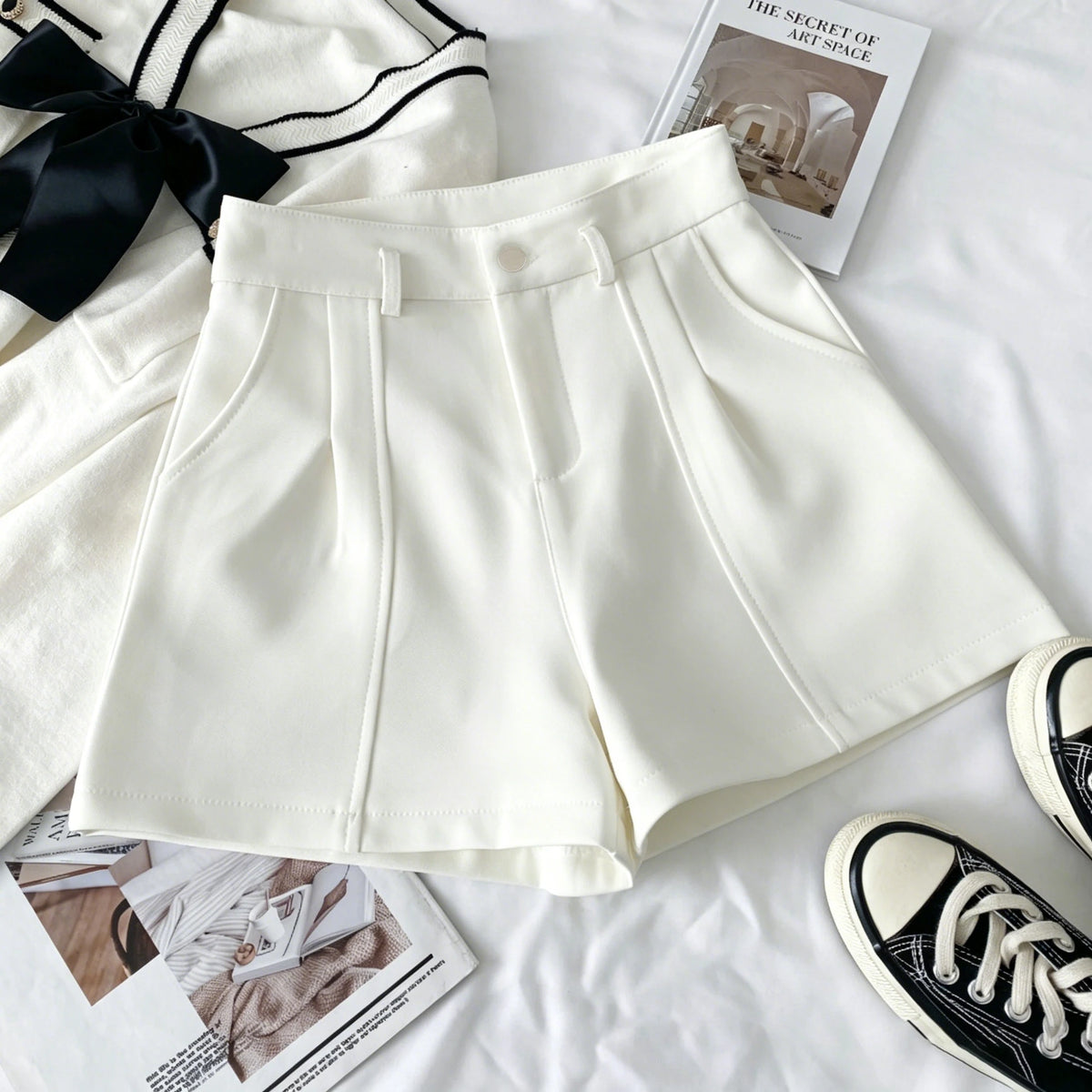 Vintage Solid High Waist A-Line Shorts for Women