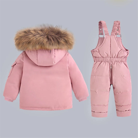 Children's Winter Down Jacket and Jumpsuit Set with Fur Collar