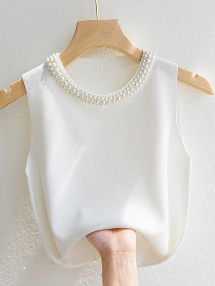 Korea Knitted Women’s Casual Tank Top with Beading
