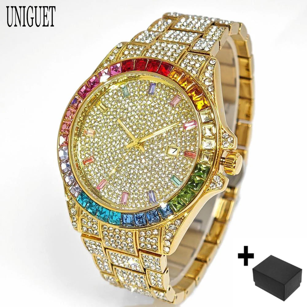Fashion Gold Quartz Wristwatch for Men with Rainbow Diamonds