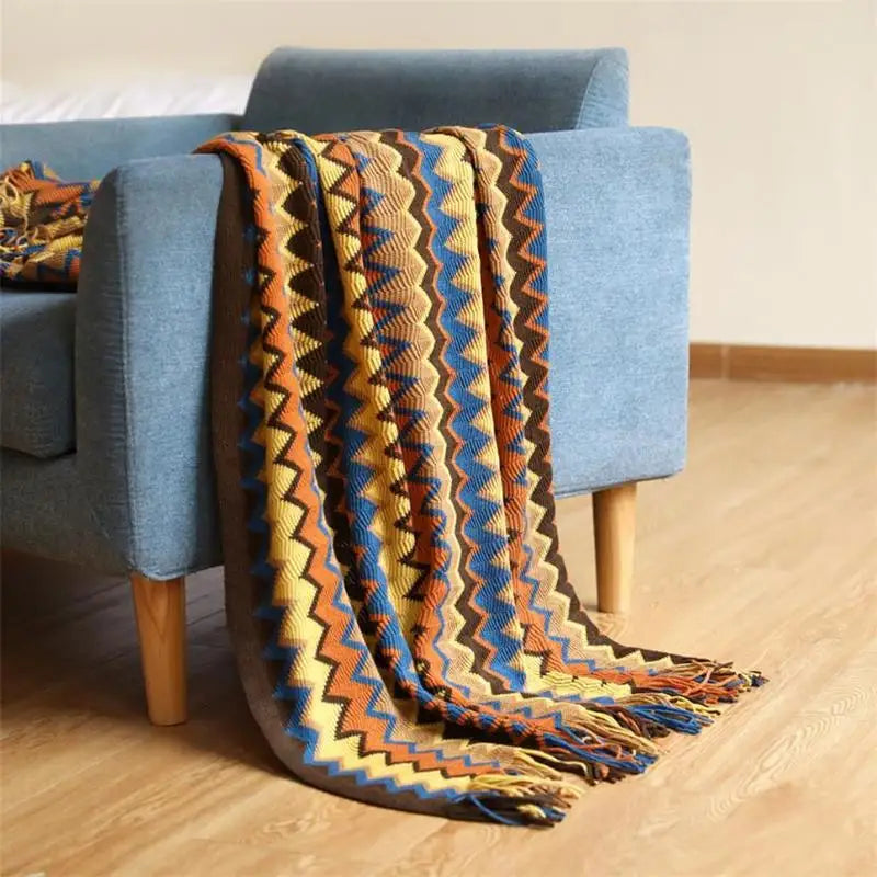 Bohemian Acrylic Hand Knitted Blanket with Tassels