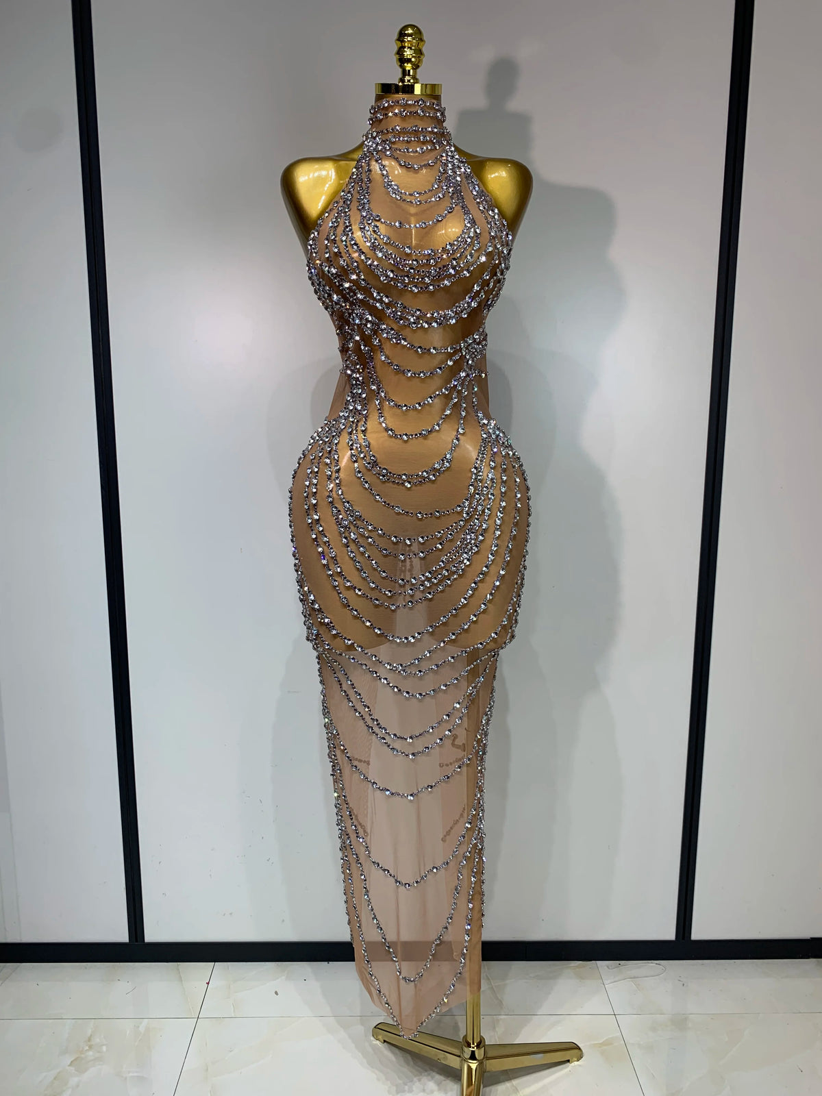 Sparkly Rhinestone Transparent Mesh Long Dress