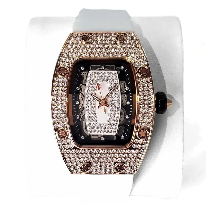 Green Tonneau Quartz Watch for Women with Iced Diamonds