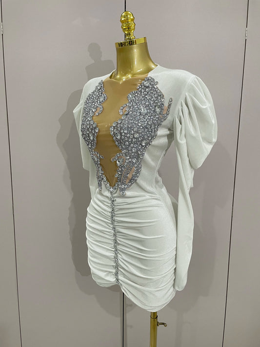 White Velvet Sexy Mesh Short Dress with Crystals