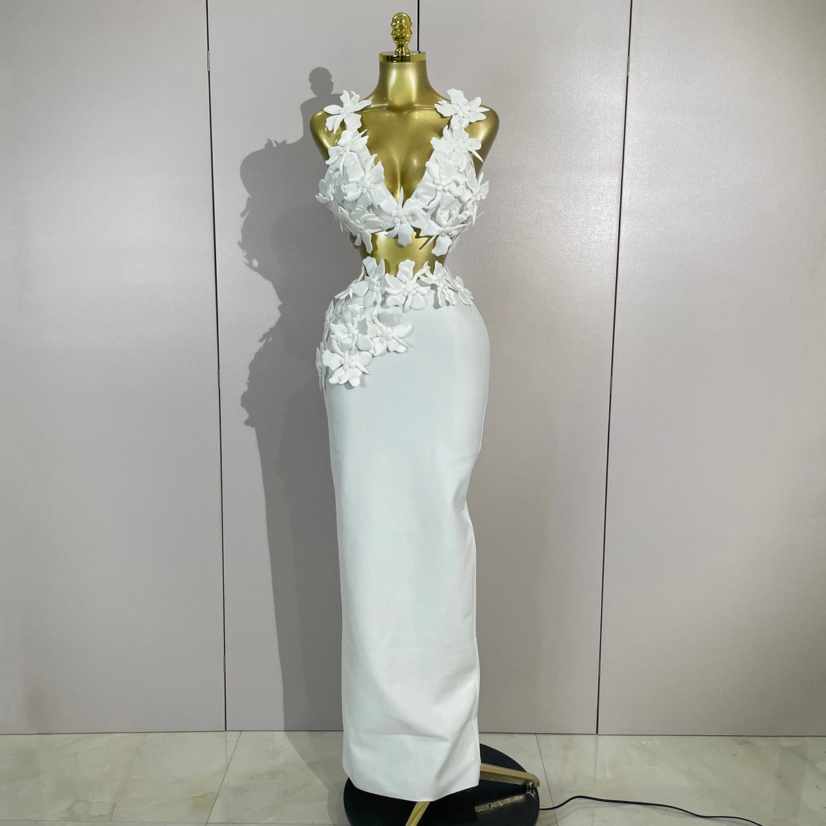 Women White Flowers V-Neck Bodycon Dress Set