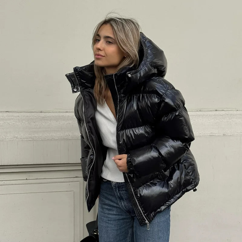 Solid Glossy Zipper Hooded Coat Women's Cotton Jacket