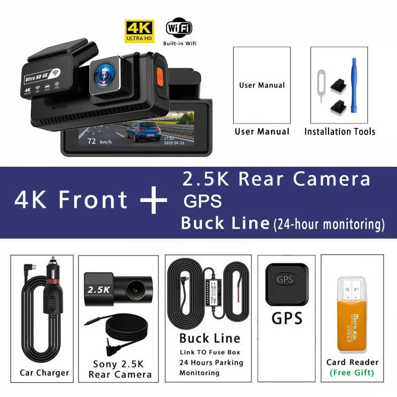 ADAS Dash Cam 4K 2.5K GPS WiFi Night Vision Mini