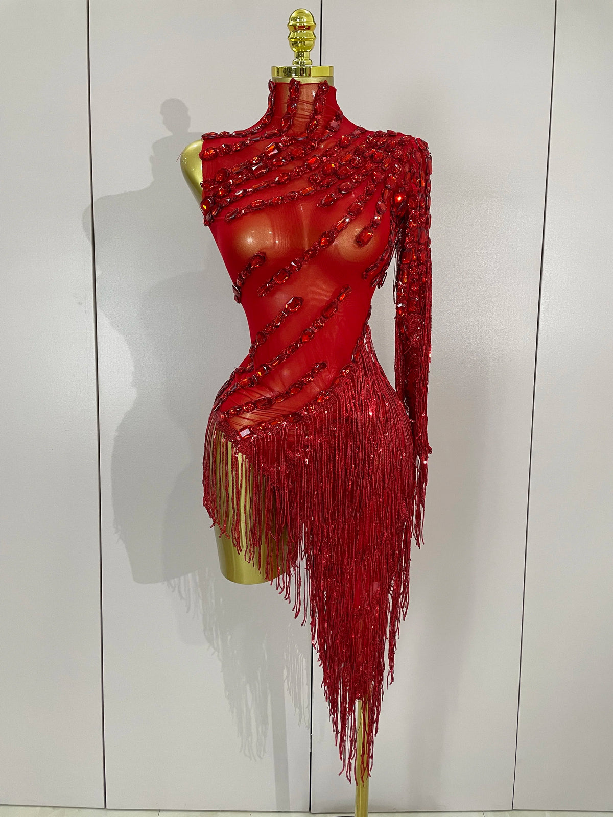 Sparkly Rhinestones One Shoulder See-Through Dress