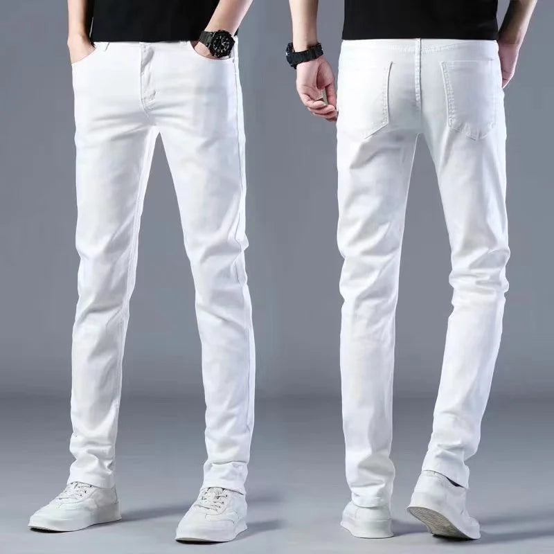 Mens Slim Fit Denim Pencil Pants Black White Stretch Jeans