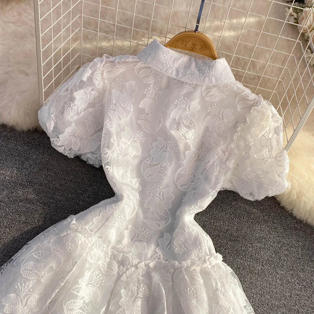 Women Vintage Lace Mini Dress with Puff Sleeves