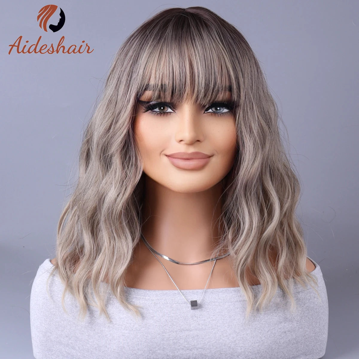 Light Gray Synthetic Wig with Fringe for Daily Use