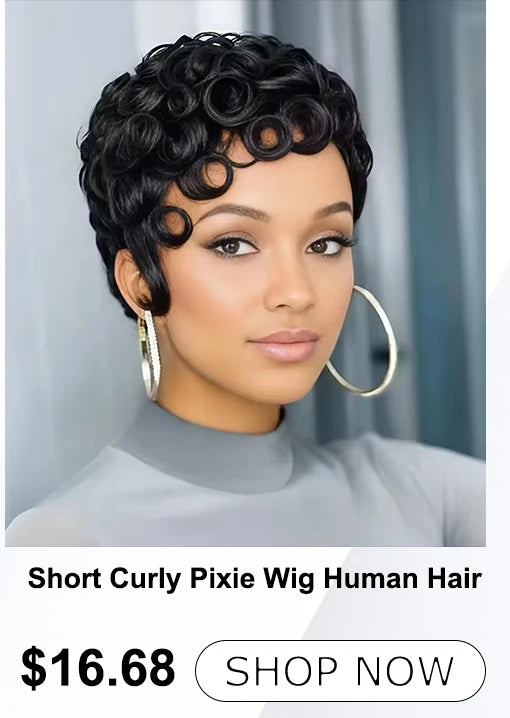 1B Pixie Cut Human Hair Wig Loose Curly Bangs 6 Inch