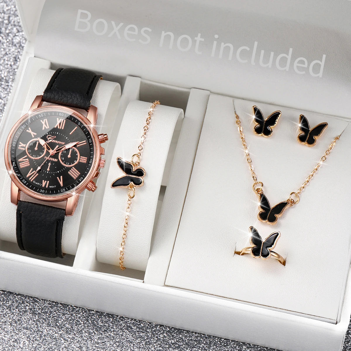 Fashion Women's Quartz Watch Leather Band Jewelry Set
