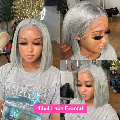 Gray Lace Front Bob Wig 100% Human Hair 13X4