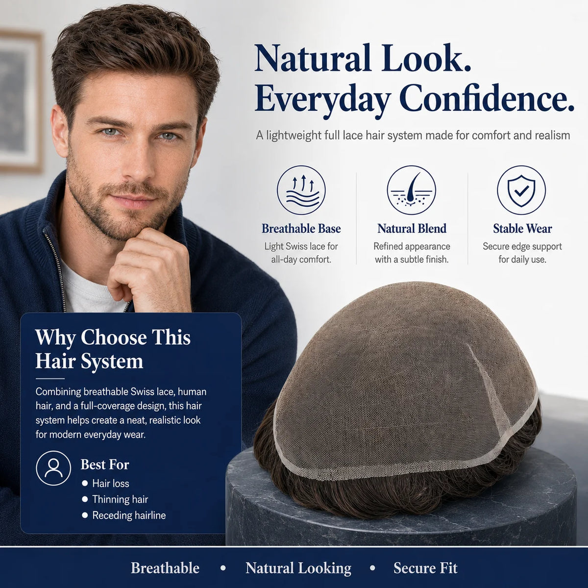 Topunique Swiss Lace Men Toupee Hair Replacement System