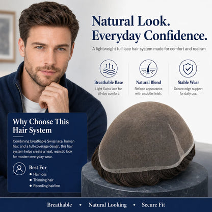 Topunique Swiss Lace Men Toupee Hair Replacement System