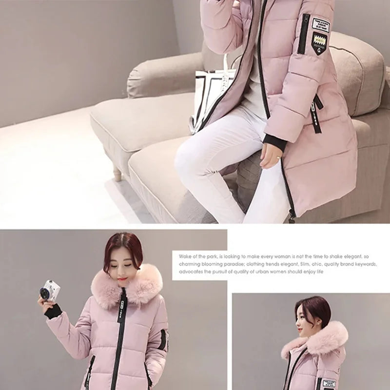 Winter Women Parka with Fur Collar and Zipper Pockets