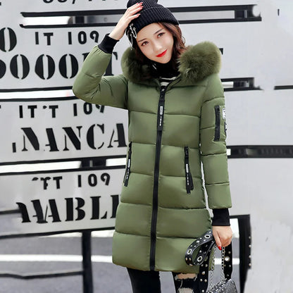 Winter Women Parka with Fur Collar and Zipper Pockets