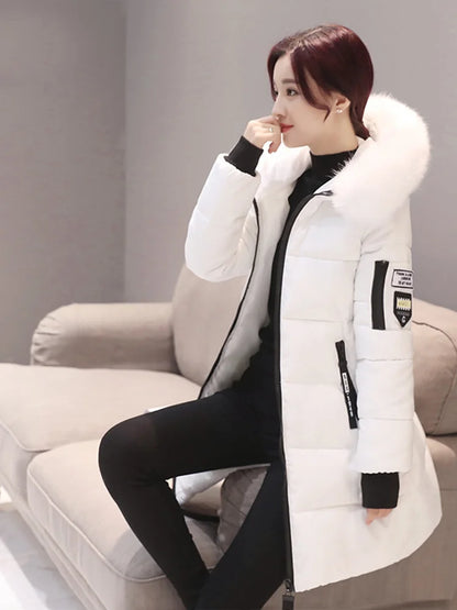 Winter Women Parka with Fur Collar and Zipper Pockets