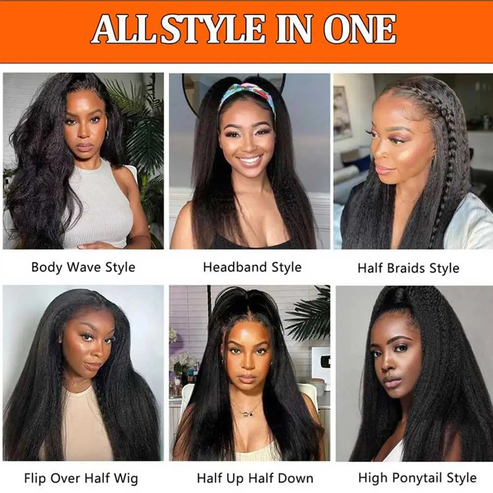 Kinky Straight Human Hair Half Wig 26 Inch Glueless