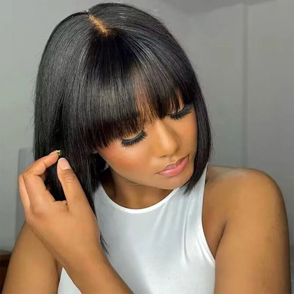 Straight Brazilian Human Hair Bob Wig With Bangs