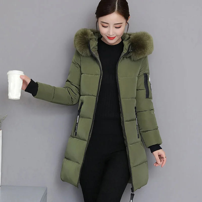 Winter Women Parka with Fur Collar and Zipper Pockets
