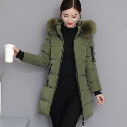 Winter Women Parka with Fur Collar and Zipper Pockets