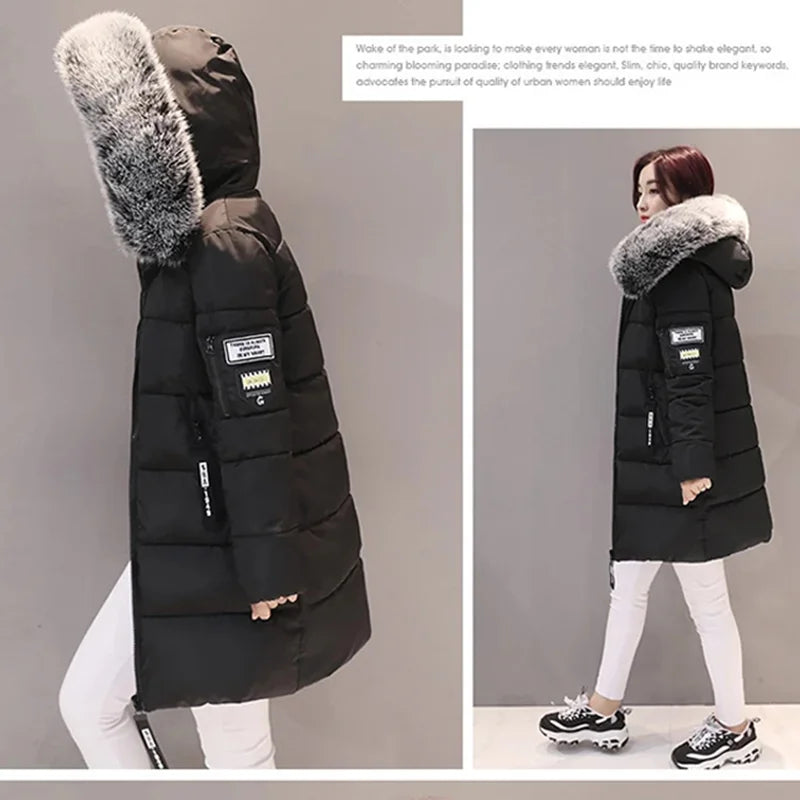Winter Women Parka with Fur Collar and Zipper Pockets