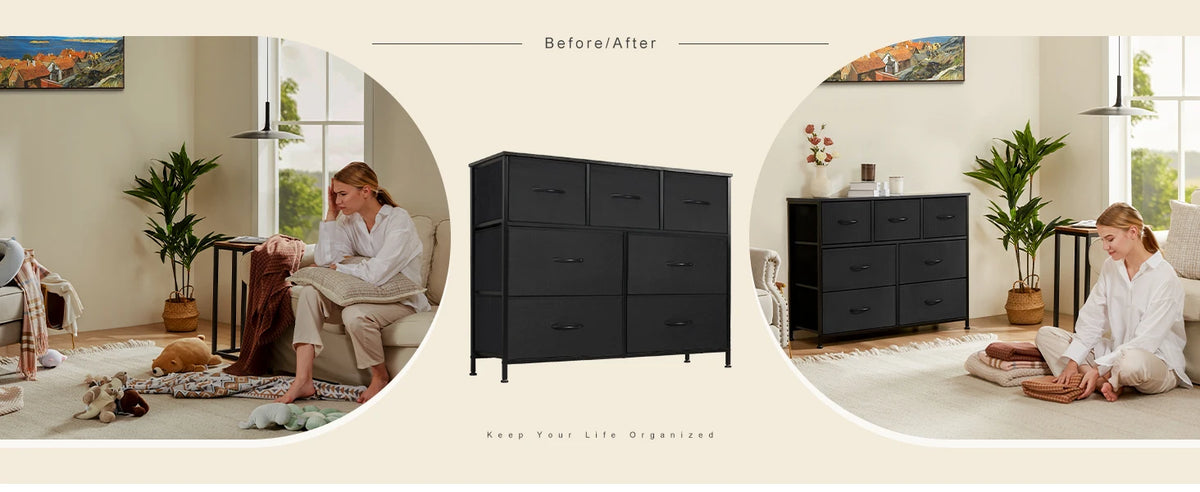 JHK Modern Wooden Dresser with 7 Fabric Drawers