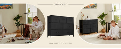 JHK Modern Wooden Dresser with 7 Fabric Drawers