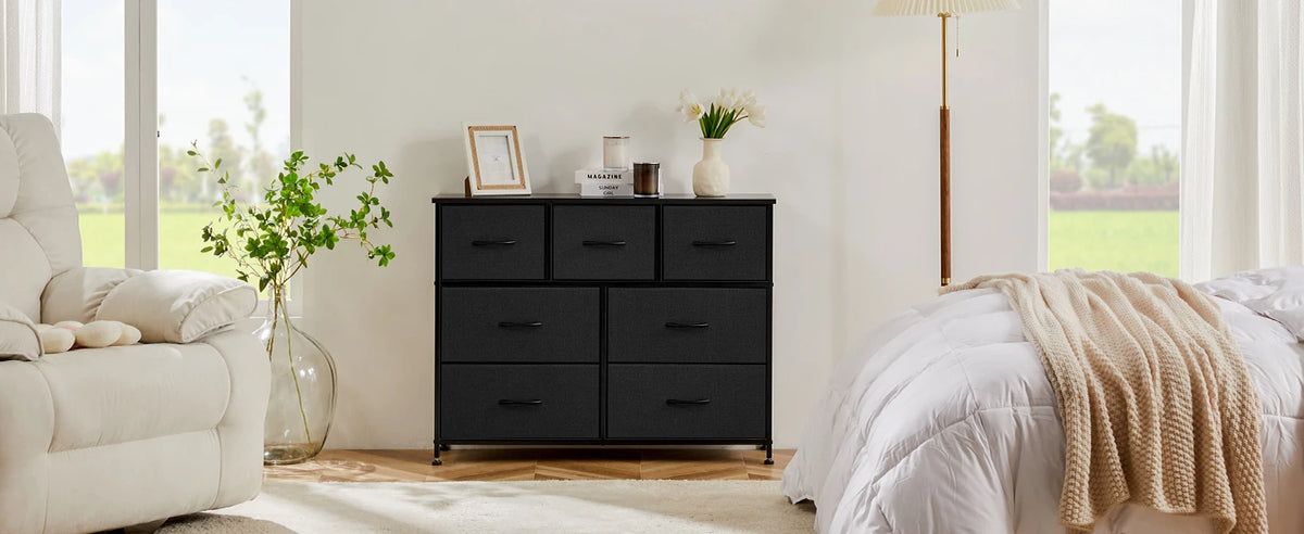 JHK Modern Wooden Dresser with 7 Fabric Drawers