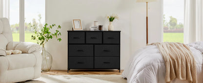 JHK Modern Wooden Dresser with 7 Fabric Drawers