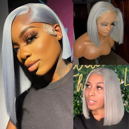 Gray Lace Front Bob Wig 100% Human Hair 13X4
